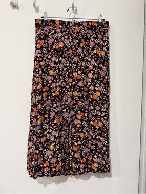 Women's Black Floral Midi Skirt - Pink & Orange Print